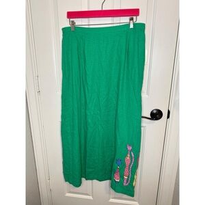 Deadstock VTG Stonebridge Kelly Green Linen Artsy Cat Novelty Print Maxi Skirt